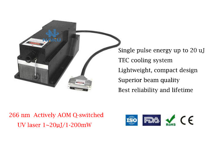 Single pulse energy up to 20 uJ 266nm Actively AOM Q-switched UV laser 1-200mW